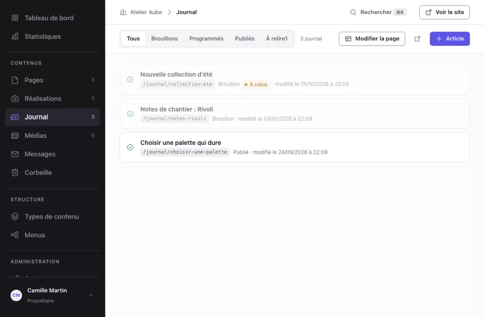 Liste des articles du journal, avec un brouillon à relire